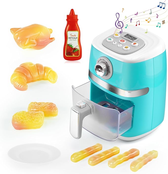 Play Kitchen Accessories, Pretend Kitchen Appliances Set with Toy Air Fryer for Kids with Sound and Lighting, Color-Changing Play Food, Birthday Gift for Boys and Girls Ages 3-5 4-8,Blue