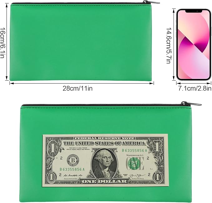 4Pack Money Bag 11 X 6", Safe Durable Waterproof Bags With Zipper for Cash, Coin Pouch PU Leather Bank Bag for Checks, Makeup, Bills, Receipts, Tool Storage (Green)