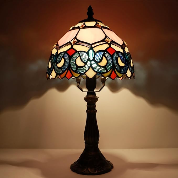 Small Tiffany Lamp Mini Accent Table Lamp Stained Glass Desk Memory Lamp Sympathy 8X14.5 Inch (Pink Baroque Style)