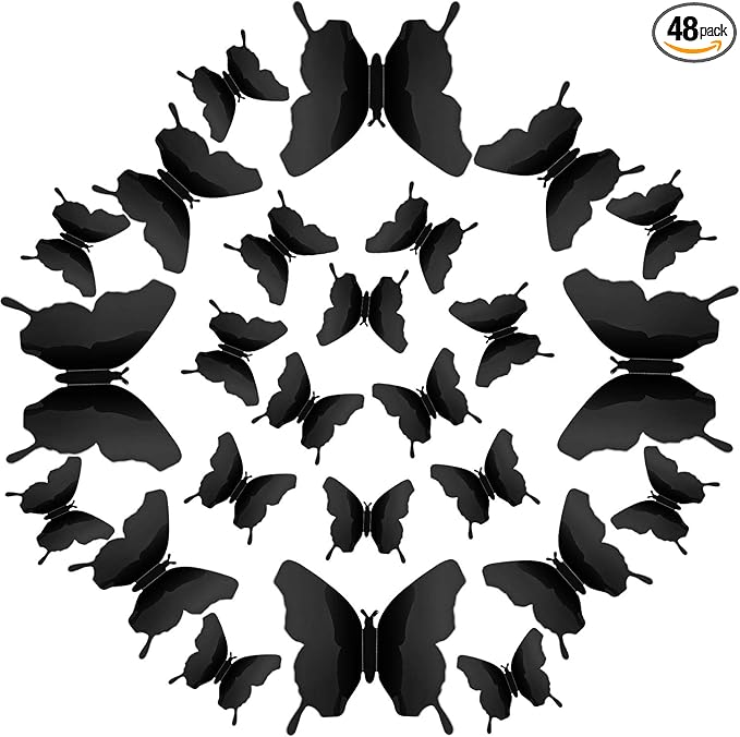 BBTO 48 Pieces Butterfly Wall Decor DIY Mirror 3D Butterfly Stickers Removable Decals for Home Bedroom School Bathroom Living Room Decor(Black)