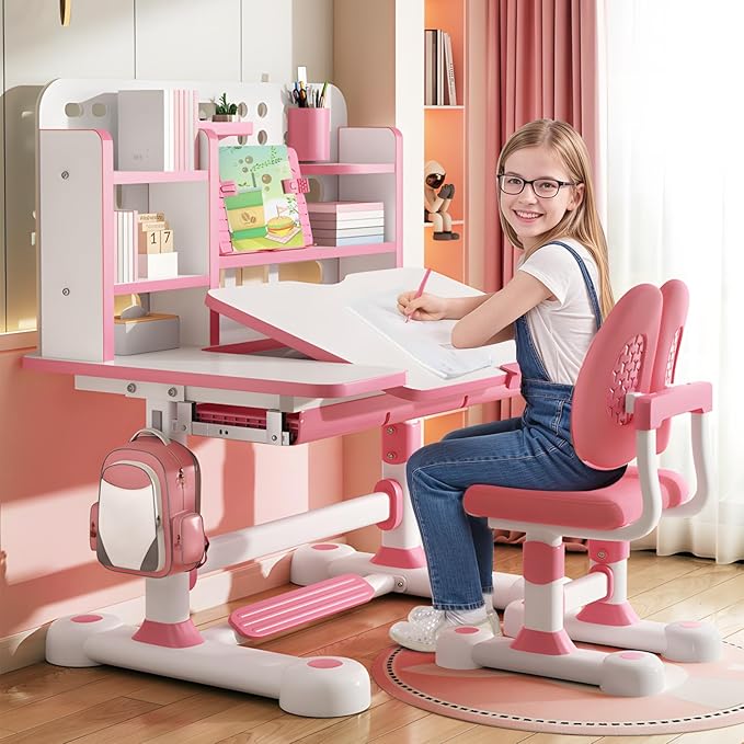 2025 NEW Kid's Study Desk and Chair Set, Ergonomic Height Adjustable Children Study Desk with Tilt Desktop, Book Stand, Light, Metal Hook and Storage Drawer,Gift for Boys Girls (Pink 119cm lean)