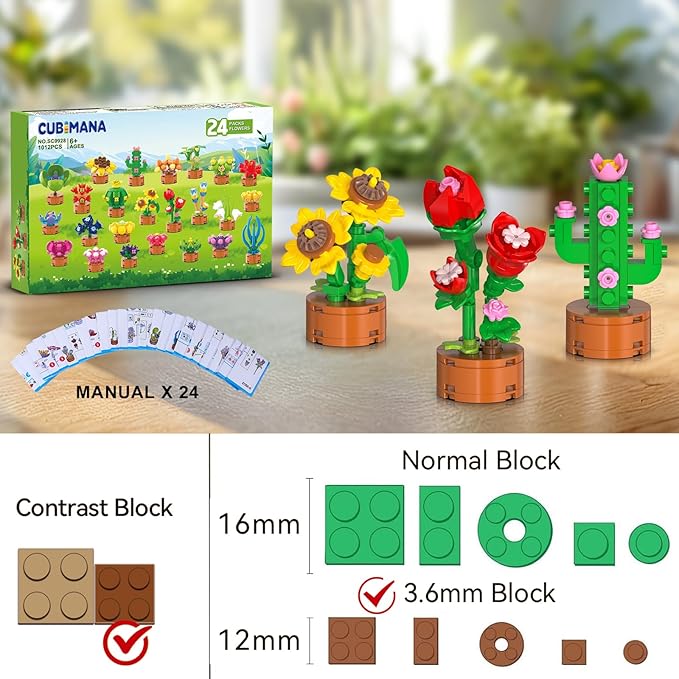 24 Pack Flowers Succulents Party Favors for Kids Building Set - 1012 PCS Botanical Bonsai 3.6MM Mini Building Blocks Toy for Classroom Prizes Easter Basket Stuffers Birthday Gift for Girl Boy Ages 6+