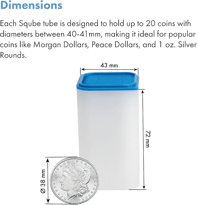 LIGHTHOUSE - Square Coin Tubes for 20 Coins - Perfect for Morgan, Peace, 1 oz Rounds - Intercept Corrosion Protection (38-39mm) - Pack of 6