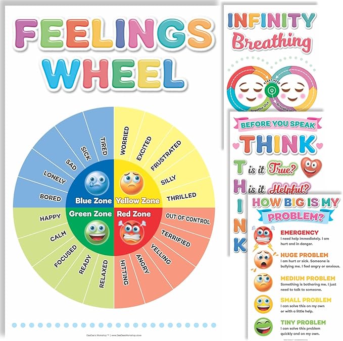 DeeDee's Workshop 4 Feelings Chart For Kids, Feelings Wheel Posters, Emotions Poster, Calm Down Corner Poster, Autism Sensory Products, Set of 4 (11 x 17 inches), Large