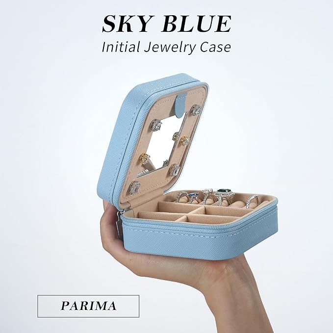 Parima Travel Jewelry Case - Small Organizer Box for Women, Mini Jewelry Box - Letter T, Sky Blue
