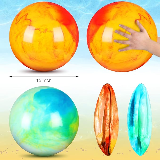 Deekin 2 Pcs 15 Inch 18 Inch Marbleized Bouncy Balls Large Inflatable Rubber Sensory Ball for Playground Outdoor Water(15 Inches,Green and Yellow)