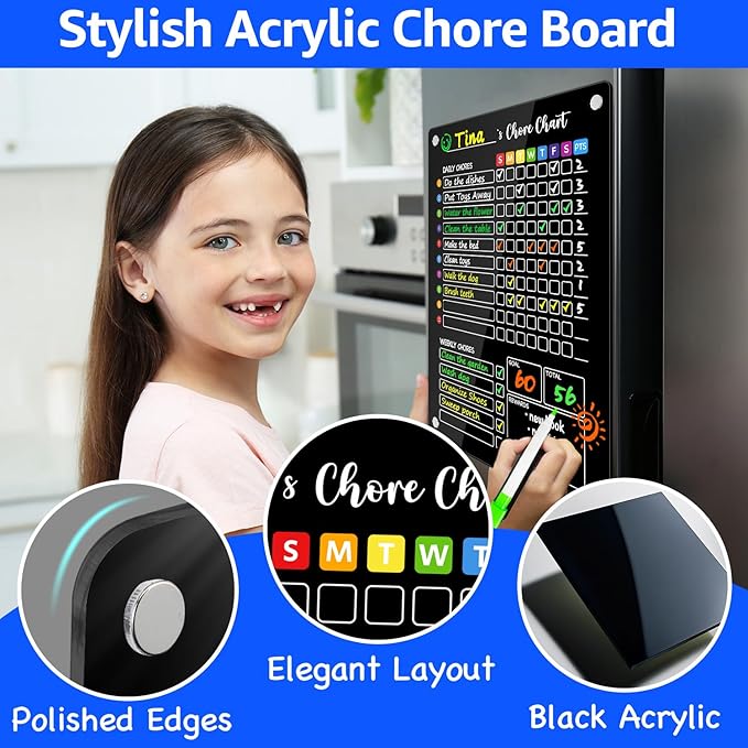 PigPotParty Black Acrylic Magnetic Chore Chart for Kids, 12"x16" Reward Responsibility Chart, 1 Pcs Daily Weekly Dry Erase Fridge Chore Board Checklist for Teens Adult, w/ 12 Markers & Towel