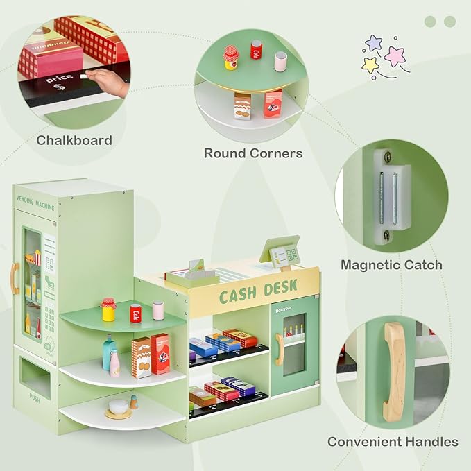 HONEY JOY Kids Grocery Store Playset, Wooden Supermarket Playset w/Cash Register & Vending Machine Toy, Blackboard, Checkout Counter Stand, Grocery Store Pretend Play for Toddler Boys Girls (Green)