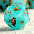 DNDND Owl Aqua Blue Translucent Resin Dice Set - 7-Piece Sharp Edge RPG Dice for D&D with Stickers, Handcrafted Premium Metal Case Gift