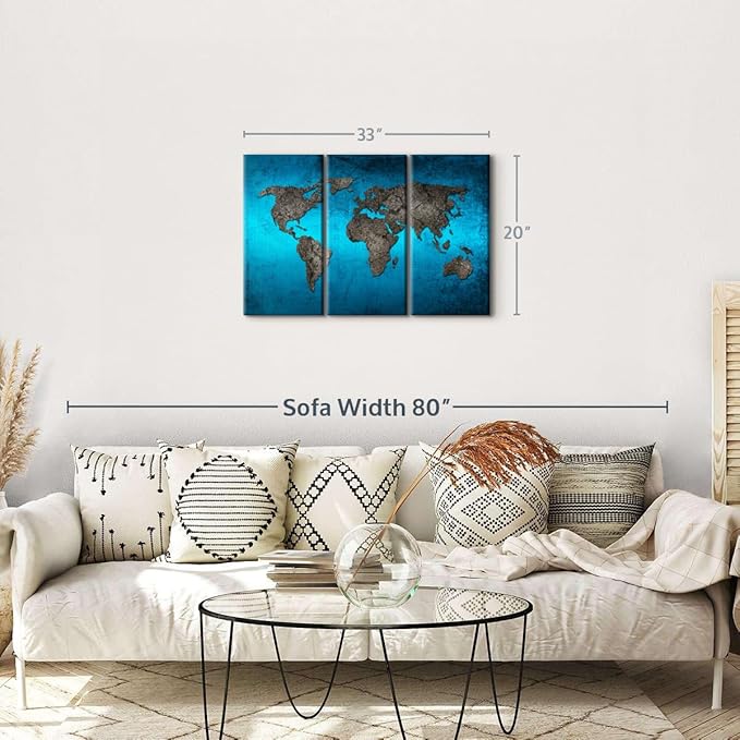 ElephantStock Ocean World Map Multi Piece Canvas - 3 Panel Wall Decor - Map of the World Art - Canvas for the Office and Home - 33" X 20"