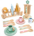 Wooden Play Kitchen Accessories Toys for Toddlers 3+, 22 PCS Kids Play Kitchen with Cute Cutlery Rack&Dish Rack,Play Dishes for Kids Kitchen,Montessori Pretend Birthday Gifts for Girls Boys