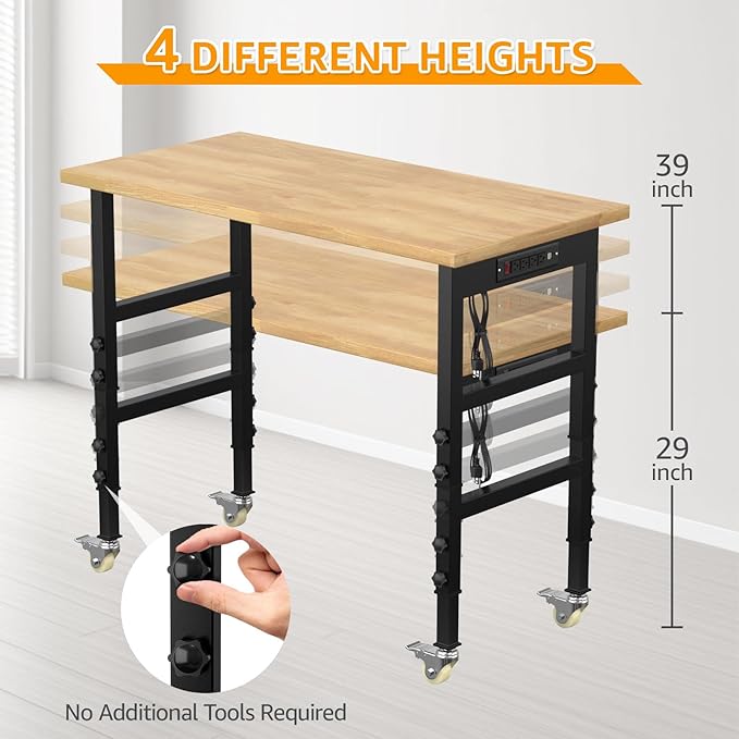 48" Adjustable Workbench,Heavy-Duty Work Table,3000 LBS Load Capacity Hardwood Workstation Outlets with Power Strips and Wheels,for Workshop, Garage