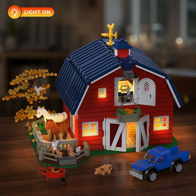 Western Farm Barn House Building Set with Lights, Newly Enhanced with Reinforced Structure, 1419 PCS Red Barn Building Toy with Animals Horse Tractor Windmill, Gift for Adults Boys Girls 10+
