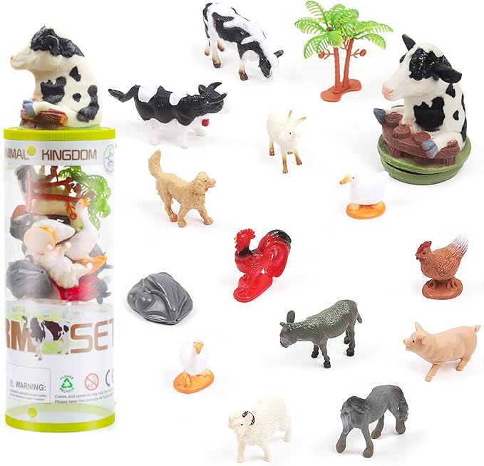 UNIQUE KIDS Mini Farm Animals Figure Creatures in Tube 15 pcs Set | Realistic Tiny Little Animals for Sensory Bin, Birthday Party Favor, Toddler 3-5 (Farm Animals)