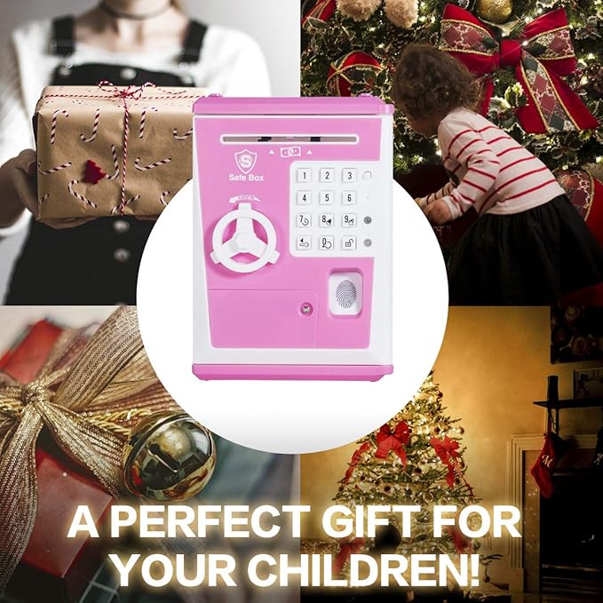 Toy Safe Box, Electronic ATM Piggy Bank, Money Coin Savings Bank, Finger Print Scanner Lock, Great Gift for Children Kids (Pink/White)