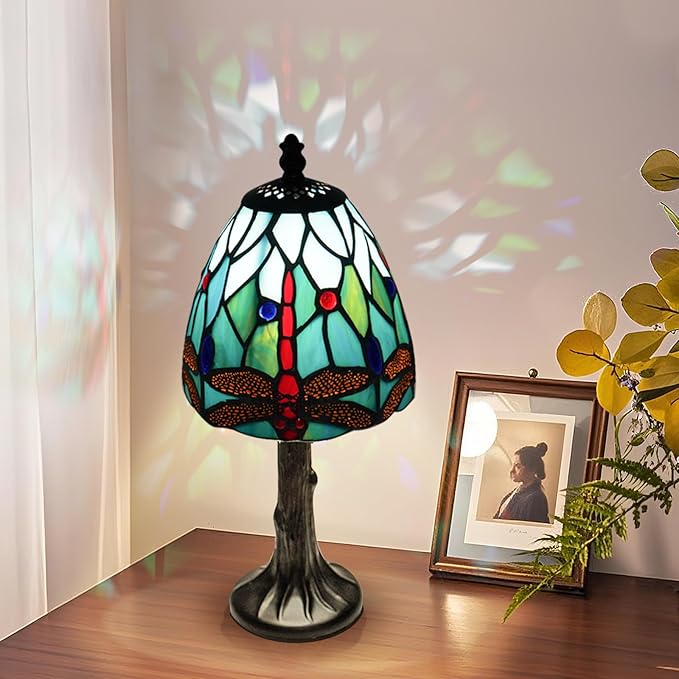 Stained Glass Dragonfly Design Table or Desk Light, Tiffany Style mini Table Lamp-, LED Bulb Included-Vintage Look Colorful Accent Decor