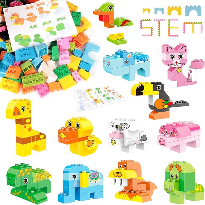 Building Blocks Set for Toddlers, Creative Large Building Bricks, Toy Animals Building Kit, Preschool Learning Educational Toys for Kids Boys Girls Gifts for 3+ Years Old (122 Pieces)