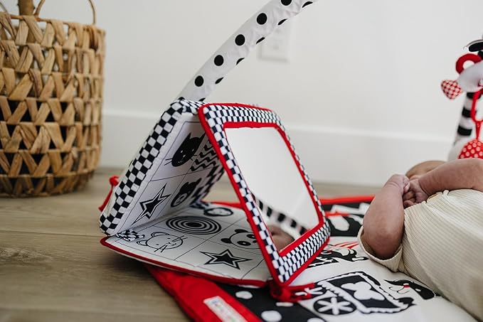 Genius Baby Toys Tummy Time Mirror for Babies 0-6 Months - Double-Sided with High Contrast Images - Baby Floor Mirror Can Be Used in Crib - No Hard Edges - Black White and Red