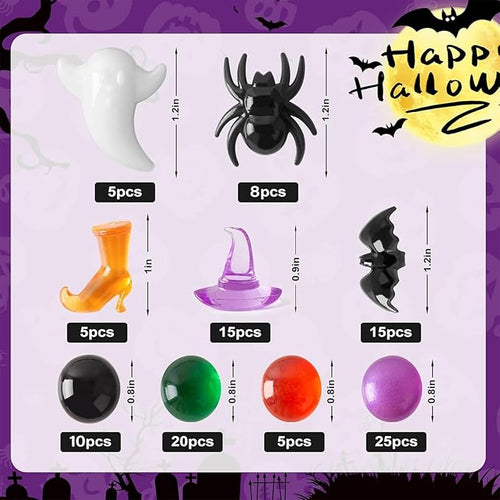 100+ Halloween Sensory Bin Filler & Vase Filler Acrylic Gems Mini Resin Animals Spider Bat & Ghost Witch Hat Boots, for Halloween Decoration, Vase Filler, Sensory Bin Filler Preschool Counting Gems