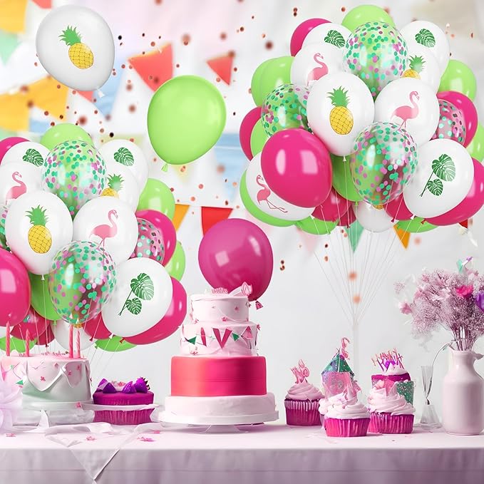 Tropical Balloons, 12 Inch Hot Pink Green White Balloon Leaves Flamingo Pineapple Printed Balloons for Summer Beach Hawaiian Luau Tropical Birthday Baby Shower Party Decorations