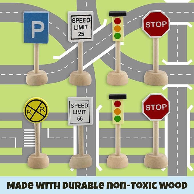 Attatoy Kids Wooden Street Signs Playset (14-Piece Set), Wood Traffic Signs Perfect for Car & Train Set