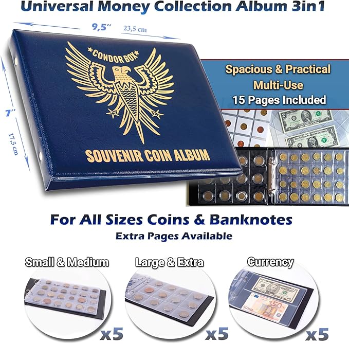 3in1 Coin Collection Holder Classic Album 190 Pockets - Paper Money Collector - Large Storage Book Organizer Display for Gold Silver Dollars Dollar Bill Currency Quarters Penny Foreign Coins (Blue)