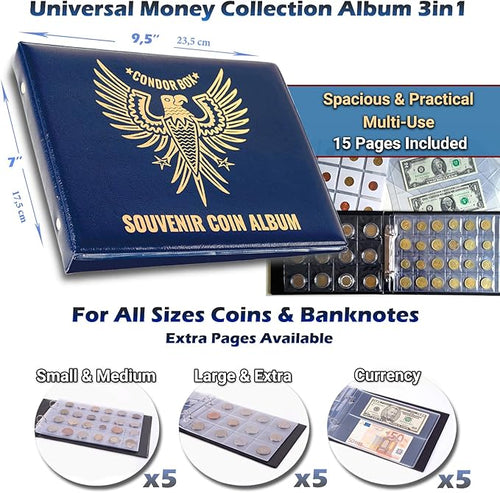 3in1 Coin Collection Holder Classic Album 190 Pockets - Paper Money Collector - Large Storage Book Organizer Display for Gold Silver Dollars Dollar Bill Currency Quarters Penny Foreign Coins (Blue)