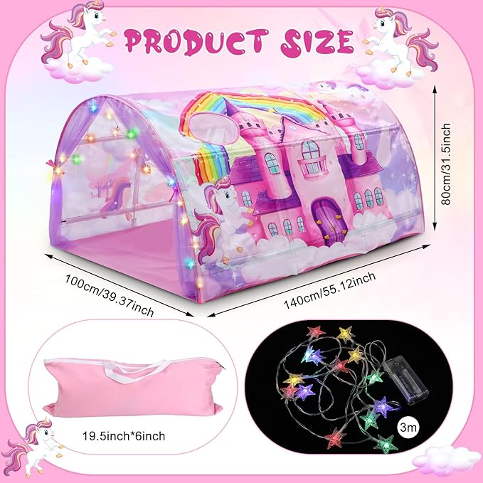 Unicorn Bed Tent for Kids Large Kids Twin Tent Toddler Play Bed with Carry Bag Foldable with String Lights for Girls Boys Bedroom Indoor Games