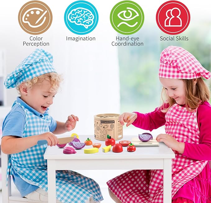 WHOHOLL Wooden Play Food for Kids Play Kitchen Accessories Playset with Basket, Pretend Cutting Food Montessori Toys for 3 4 5 6 Year Old, Velcro Vegetables Fruits Toys Gifts for Fine Motor Skills