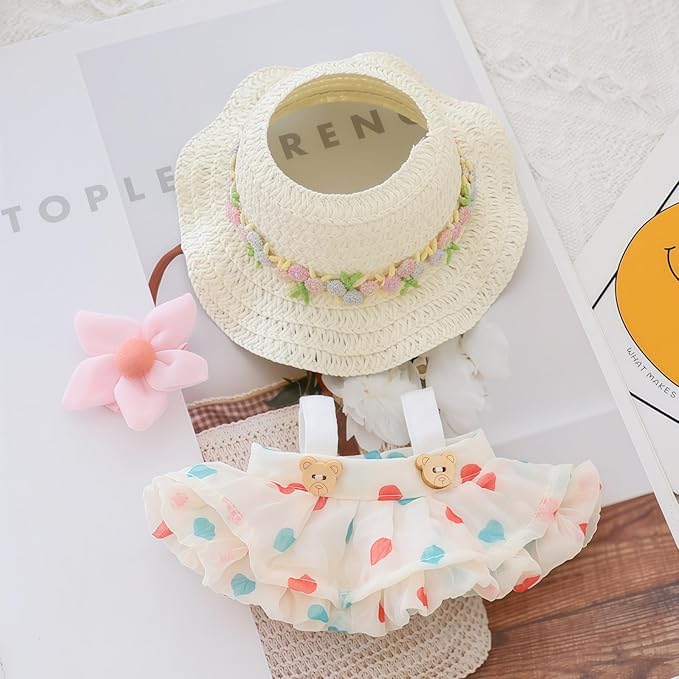 Clothes for Dolls Accessories (No Doll), Kawaii Hat Skirt Outfit Set 3 Pieces for 15cm 17cm Doll Suit, Stylish Flower Dolls Hat Clothing Set Replacement Beige