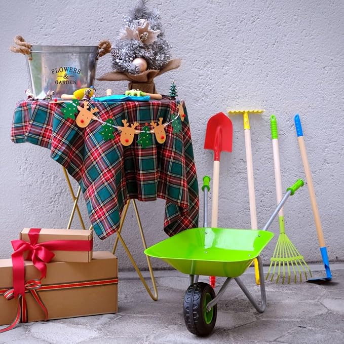 Kids Wheelbarrow Set Metal, Child Wheel Barrel Green Easy to Assemble and Kids Gardening Tools Kit, Garden Toys with Small Wheel Barrow, Outdoor Indoor Toys Gift for Children