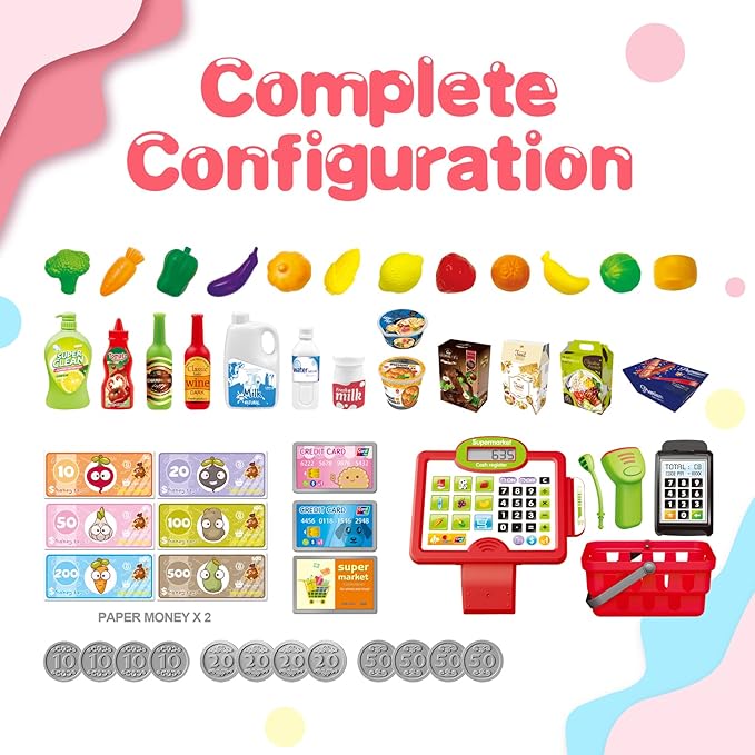 RedCrab Cash Register Toy for Kids,Toddler Store Pretend Plays Supermarket Calculator Cash Register Gift with Scanner, Play Money, Play Food for Boys & Girls