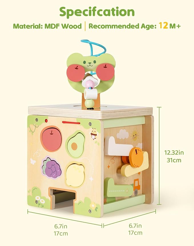 ROBUD Wooden Activity Cube, Baby Activity Cube for 1 Year Old, Montessori Activity Cube with 9 Gams in 1 Toy, Educational Toys of Bear Orchard Busy Cube, JM52
