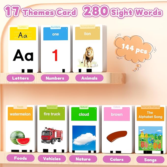 HOMESTEC Toddlers Talking Flash Cards with American Accent & 288 Sight Words, Speech Therapy Toys for 1 2 3 4 5 6 Years Old Boys and Girls, Learning Montessori Sensory kit, Kids Birthday Gifts (Pink)