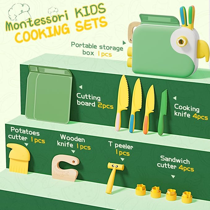 Montessori Kitchen Tools for Toddlers,Kids Knife for Real Cooking,Toddlers Knife Set with Storage Box Kids Safe Knives Children Cutting Set for Girl Boy,Montessori Toys for Kitchen Set -Green