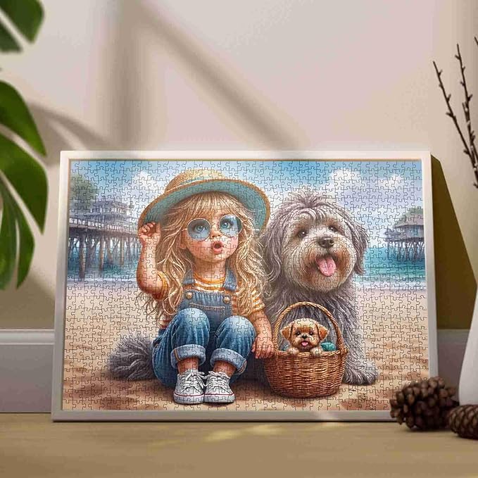 Tucocoo 1000 Piece Jigsaw Puzzle for Adults, Beach Scene with Girl, Dogs and Basket – Summer Coastal Puzzle – Whimsical and Relaxing Art Puzzles for Adults, DIY Fun Brain Challenge Gift Home Decor