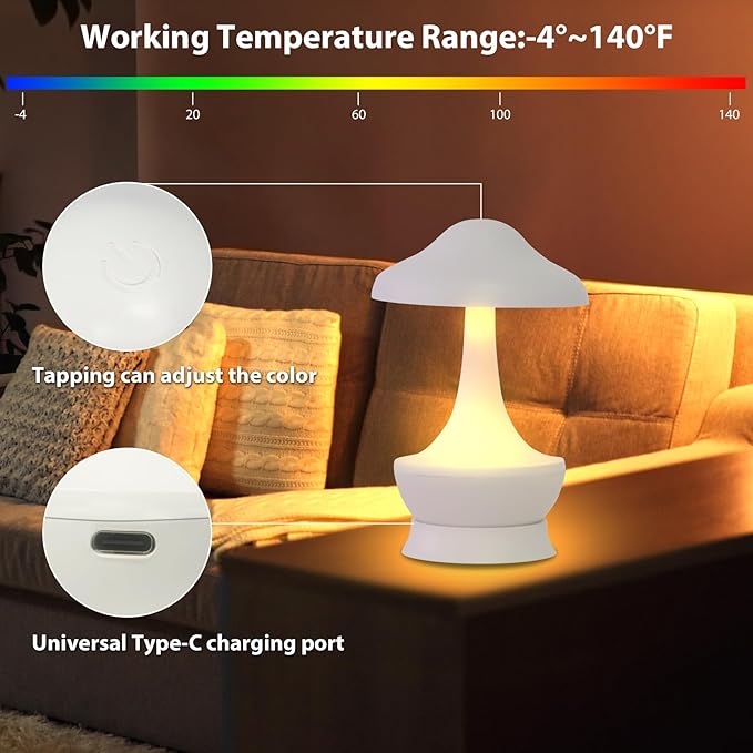Mushroom Lamp Cordless Table Lamp - Room Decor Aesthetic Night Light for Night Stands and Desk Lamps - Fun and Energy- Night Light with USB Charging Port - Soft Indoor Lighting for Kids (White)