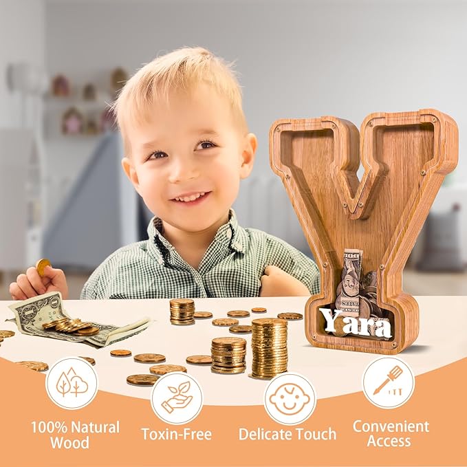 Wooden Letter Piggy Bank for Kids Larger Letter Piggy Bank for Boys and Girls Personalized Piggy Bank Initial Coin Bank Wood Kids Money Bank for Birthday and Festival