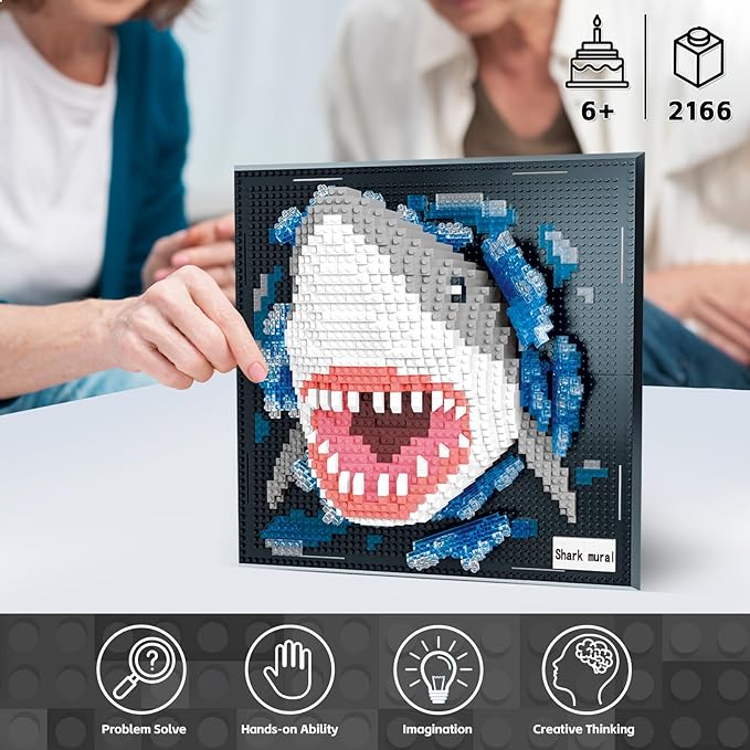 Shark Animals Wall Art Building Block Sets for Adults, No Compatible with Lego, 3D Micro Mini Bricks Kits for Home Wall Decor & Table Display, Creative Toy Gifts for Kids Teens Boys Girls (2166 PCS)