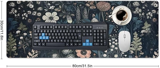 Dark Flower, Floral Plants Mouse Pad, Aesthetic Wildflowers Desk Pad, Gaming Mouse Pad, Non-Slip Rubber Base, Stitched Edges，31.5x11.8 inch Computer Mouse Mat Keyboard for Home Office