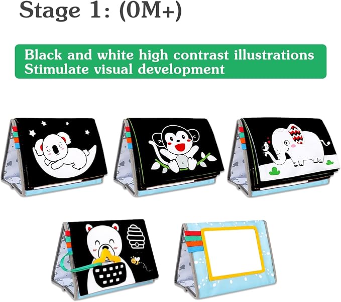 Tummy Time Mirror Baby Toys - Black and White High Contrast Baby Visual Stimulating Mirror Toys for Newborn - Montessori Infant Sensory Crinkle Toy for Babies Gifts 0 3 6 9 Months