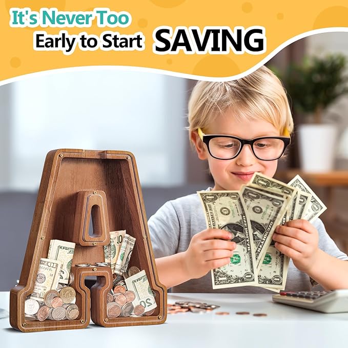 Customized Name Large Wooden Piggy Bank for Kids Boys Girls Alphabets Letter A-Z Coins Bills Money Change Bank Box Initial on Clear Cover (Laser Engraved) (Alphabet-A, Personalized-12)