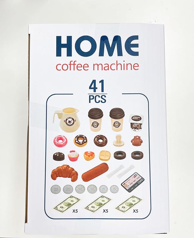 Pretend Play Coffee Maker Toy Role Play Coffee Shop Party Playset with Coffee Machine Cash Registers Toy Food Dessert Donuts Cakes Set Early Learning Funtional Toy for Kids Birthday