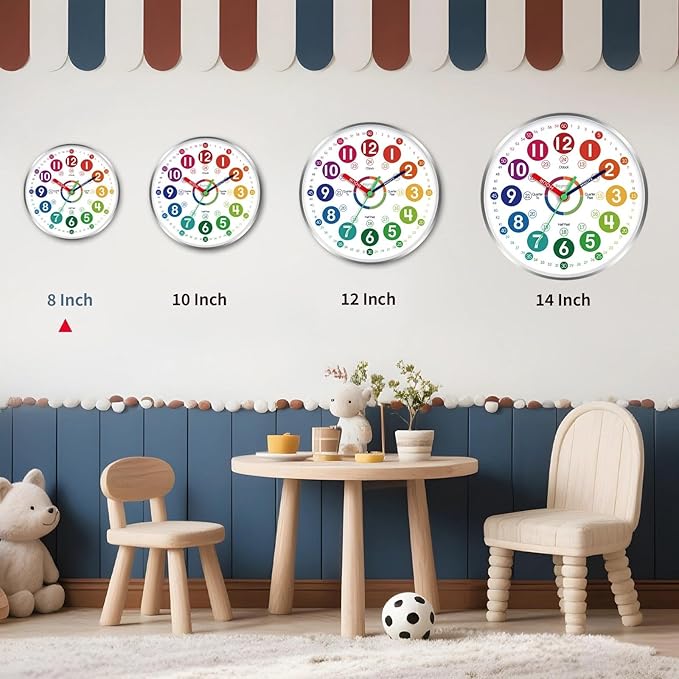 Wall Clock for Kids Learning - Teaching Time Wall Clocks Battery Operated Silent Non Ticking - Analog Colorful Clock Decorative for Kids Room Classroom School(8 Inch&Silver)