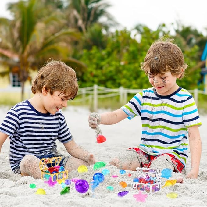 YUJUN 30 Pieces Colorful Diving Gem Pool Toys Big Diamond Ocean Animals Gem with Treasure Pirate Chest Box Summer Underwater Acrylic Gemstones Set for Kids Swimming Pool Party Favors