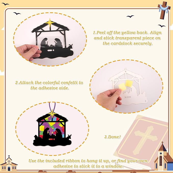 Renbuzhu 40PCS Christmas Crafts Bulk: Nativity Religious Paper Suncatchers DIY Kit for Winter Xmas Holiday Activities Decorations, Window Stained Glass Effect Art Ornaments