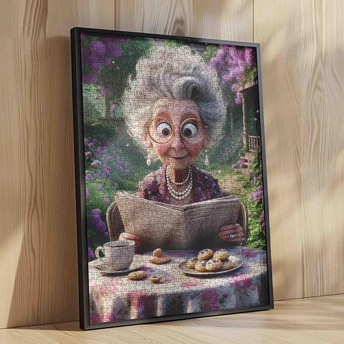 Old Granny Reading Newspaper 1000 Piece Jigsaw Puzzles for Adults Afternoon Tea Jigsaw Puzzle for Challenging Family Activity Game Garden Artwork Puzzle for Home Decor Unique Gifts 20x27 Inches