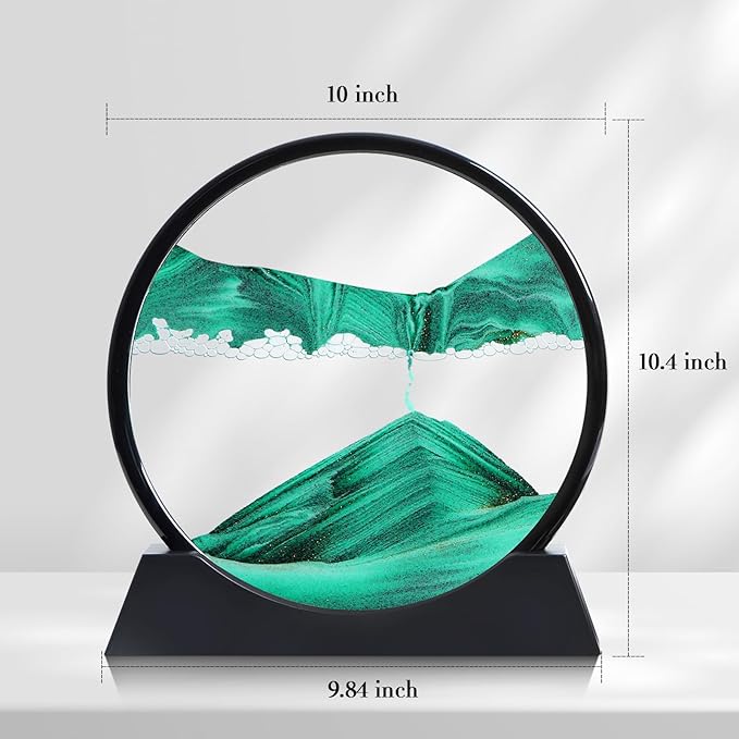 Moving Sand Art Liquid Motion, 3D Deep Sea Sandscape Color Quicksand Decor, Round Glass Moving Sand Art Picture Relaxing Desktop Home Office Work Decor (Green, 12 inch)