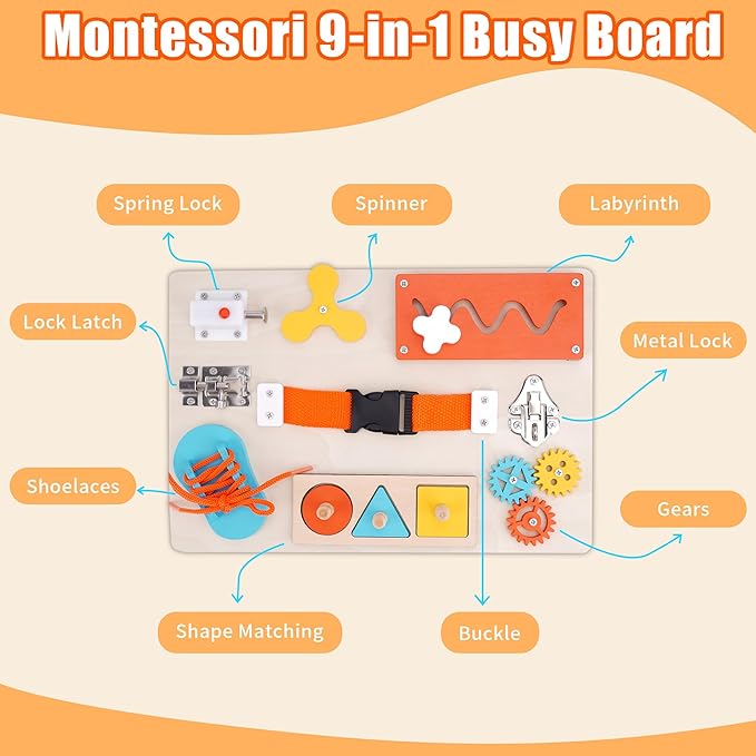 ATOYUS Montessori Busy Board Toddler Toys for Ages 3-5, Wooden Baby Sensory Toys for Kids 3 4 5 Year Old with Autism, Preschool Learning Educational Christmas Birthday Infant Gifts for Boys Girls 3+