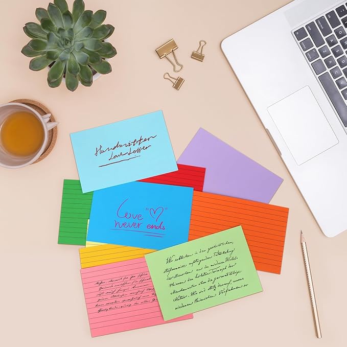 Tecmisse Colored Index Cards 4x6, 300 Pack, 10 Colors Ruled Note Cards, Flash Cards for Studying, Heavy Notecards for Office and School, One Side Lined, One Side Blank